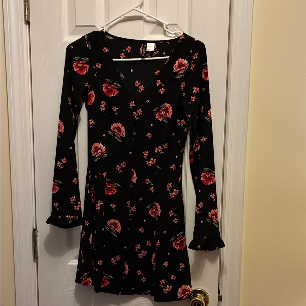 Divided Black Long-Sleeve Floral Mini Dress - Pink Red Flowers